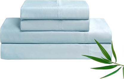 YnM Cooling Bed Sheet Set with 100 Percent Rayon Derived from Bamboo, 400TC Fabric with 1 Pillowcase and Flat Sheet, Deep Pocket Fit 19'', Silky-Soft & Sweat Wicking, 3 Piece (Twin, Light Blue)