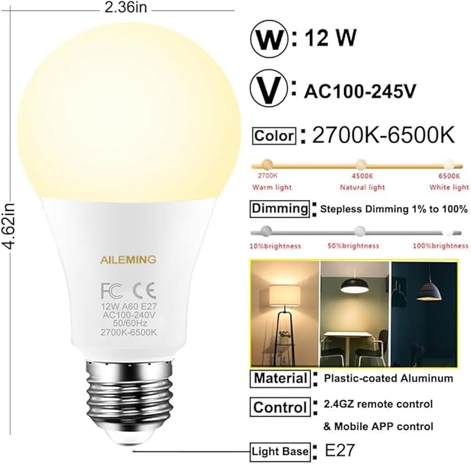 LED Bulb with a 2.4GHz Remote Control, A60 Smart Light Bulb for Lamp, Bderoom, Mood Soothing,12W 1000lm,100W Equivalent,Stepless Dimmable 1% to 100% 2700-6500K,2 Bulb & 1Remote