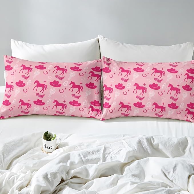 Western Cowgirl Full Size Fitted Sheet,Retro Horseshoe Tribal Horse Boots Graffiti 3 Pieces Kids Teenager Room Decor Desert Cactus Rustic Famhouse Pink Pocket 2 Pillowcases