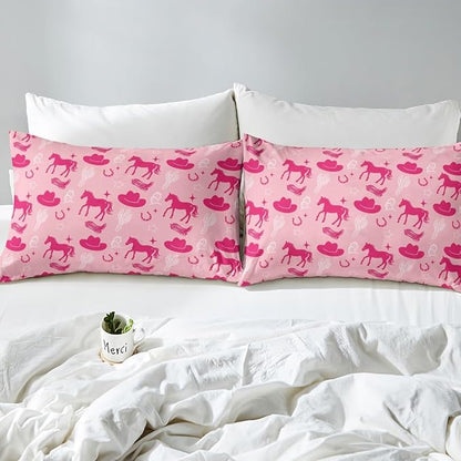 Western Cowgirl Fitted Sheet,Retro Horseshoe Tribal Horse Boots Graffiti Soft Decorative Fabric Bedding Desert Cactus Rustic Famhouse Pink Pocket Twin Size with 1 Pillowcase