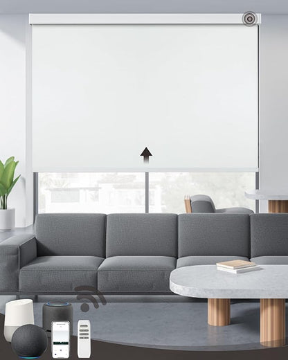 Motorized Roller Shade, 100% Blackout Electric 21-115” Width Blinds for Windows Via Hub Remote Alexa Google Home, Rechargeable Smart Automatic Customized Size（Dule Side-White）