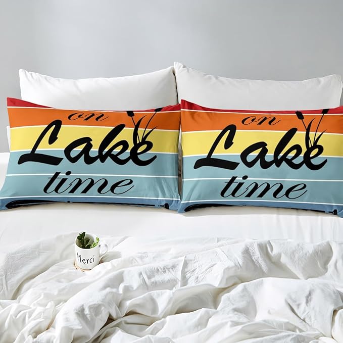Lake Time Kids Fitted Sheet Queen Size,Camping Lake House Fishing Rustic Cabin Bedding Set,Boys Girls Room Decor,Geometric Stripes Patch Bed Cover,Colorful Bed Sheet,2 Pillowcases(No Top Sheet)