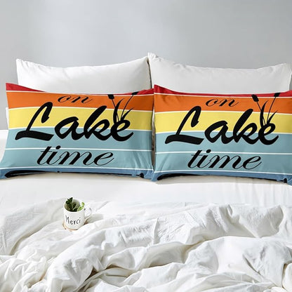 Lake Time Kids Fitted Sheet Queen Size,Camping Lake House Fishing Rustic Cabin Bedding Set,Boys Girls Room Decor,Geometric Stripes Patch Bed Cover,Colorful Bed Sheet,2 Pillowcases(No Top Sheet)