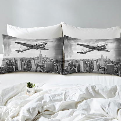 Airplane Kids Fitted Sheet Full Size,Modern Building Fashion Bedding Set,Boys Girls Room Decor,Flying Aircraft Aviation Theme Bed Cover,Grey Retro Bed Sheet,2 Pillowcases