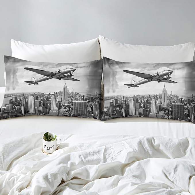 Airplane Kids Fitted Sheet Queen Size,Modern Building Fashion Bedding Set,Boys Girls Room Decor,Flying Aircraft Aviation Theme Bed Cover,Grey Retro Bed Sheet,2 Pillowcases