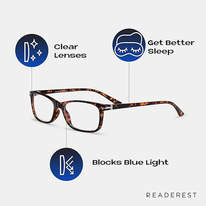 Readerest Blue Light Blocking Glasses – Thin Reflective Lens, Anti-Glare Computer Eyeglasses, UV Protection, Eye Strain Relief (Tortoise, 2.75 Magnification)