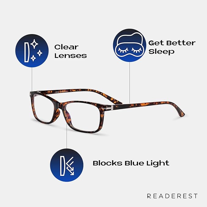 Readerest Blue Light Blocking Glasses – Thin Reflective Lens, Anti-Glare Computer Eyeglasses, UV Protection, Eye Strain Relief (Tortoise, 0.0 Magnification)