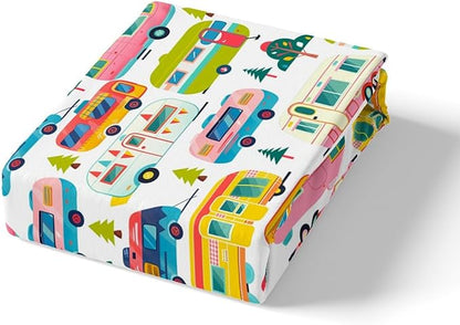 Colorful Camper Truck Kids Fitted Sheet Full Size,Adventure Camping Rustic Nature Bedding Set,Boys Girls Room Decor,RV Trailer Pine Trees Bed Cover,White Bed Sheet,2 Pillowcases(No Top Sheet)