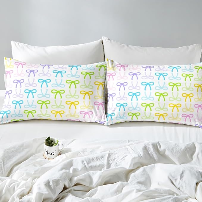 Cute Bowknot Bed Sheet Set Home Decor Cartoon Princess Style Bowknot Striped Sheet Sets Deep Pocket,Watercolor Rainbow Gradient Bow-tie Mattress Cover,Twin Size with 1 Pillowcase