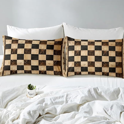 Manfei International Chess Fitted Sheet Set King Size 4 Pcs,Vintage Sport Game Brown Chess Checkerboard Teens Sheets,Geometric Wooden Print Plaids Grids Bedding Sets (1 Fitted,1 Flat,2 Pillowcases)