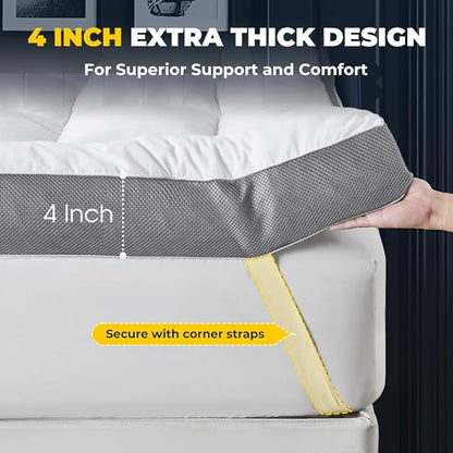 HYPREST 4 Inch Memory Foam Mattress Topper King，Thick Cooling Cotton Pillow Top Mattress Topper with 2000 GSM Shredded Memory Foam - Soft & Supportive for Back Pain Relief,Non-Slip Bottom