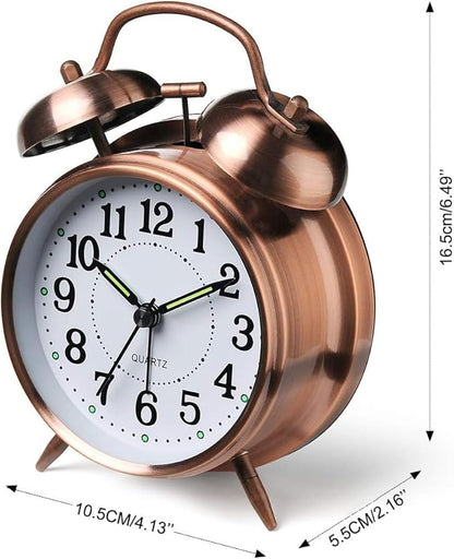 Loud Alarm Clock for Heavy Sleepers Adults, Metal 4 Inches Twin Bell Battery Operated Alarm Clocks for Bedrooms Decoration, Silent Non-Ticking, Back-to-School Gift (Red Brown)
