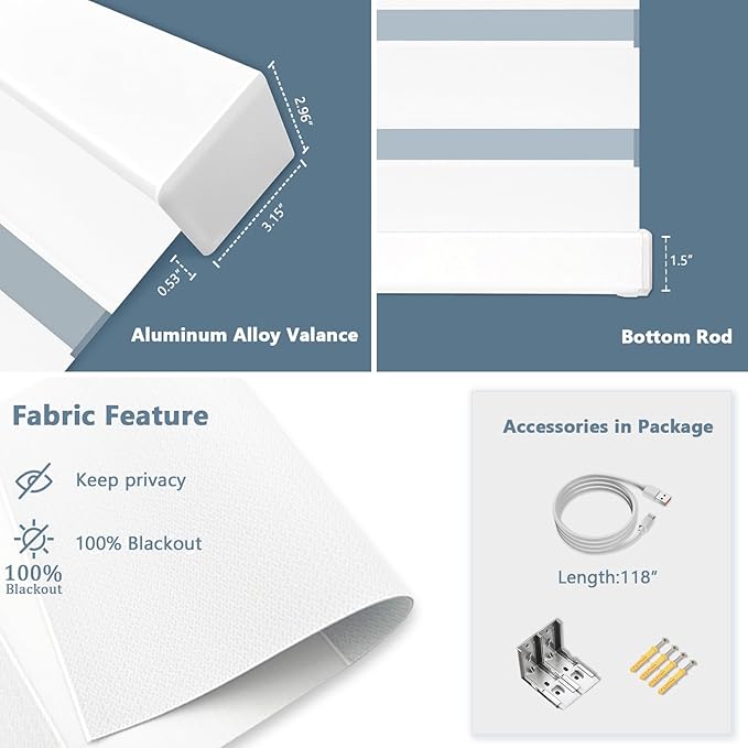 Motorized Zebra Blinds for Windows Cordless Electric Curtains with Remote Control Blackout Shades Custom Smart Blinds Compatible with Alexa Google Home(Blackout White,W36 X 72in)
