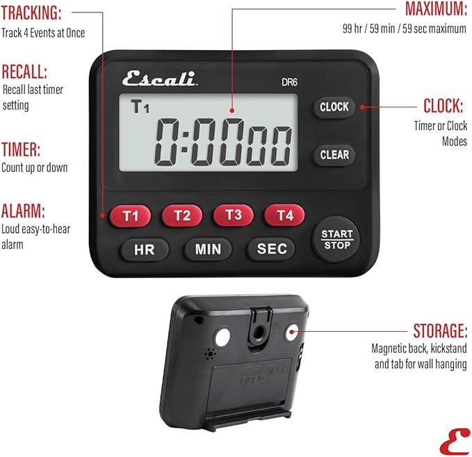 Escali Multi-Task Four Event Digital Kitchen Timer with Clock Mode, Magnetic Back, Overtime Counter