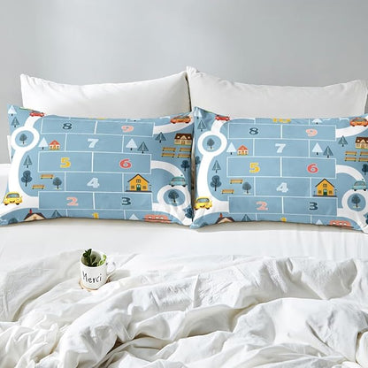 Rertro Blue Farmhouse Fitted Sheet Queen Size,Cartoon House Building City Trees Bedding All-Round Elastic Pocket,Digital Graffiti Boys Teens Bed Sheet 3 Pieces Fits Mattress(No Flat Sheet)