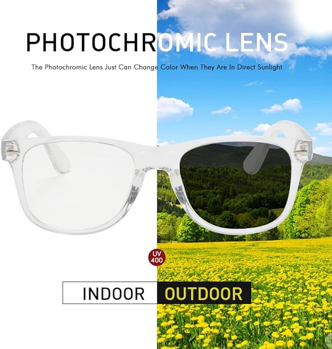 Photochromic Day Night Sunglasses Blue Light Blocking Glasses for Men and Women Retro Rectangle Transparent Frame