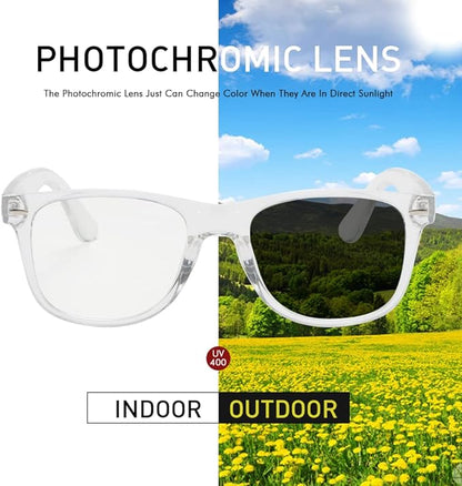 Photochromic Day Night Sunglasses Blue Light Blocking Glasses for Men and Women Retro Rectangle Transparent Frame
