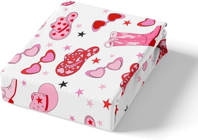 Western Cowgirl Fitted Sheet,Tribal Texas Stars Horseshoe Boots Hats Sheet Set for Adults Ultra Soft Room Gift,Princess Girly Red Pink Starry Bedding Set with 2 Pillowcases,Queen Size
