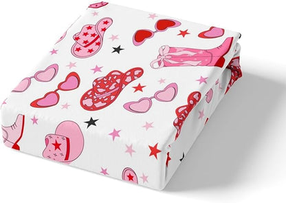 Western Cowgirl Fitted Sheet Twin Size,Tribal Texas Stars Horseshoe Boots Hats Bed Sheet with 1 Pillowcase,Princess Girly Red Pink Starry Soft Decorative Fabric Bedding,Room Gift