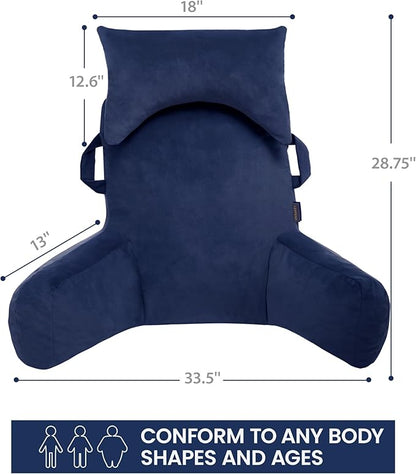Portable Reading Pillows with Headrest for Bed Sitting Up(Royal Blue Oeko-Tex), Velvet Back Pillow with Arms & Pockets for Adults, Support Memory Foam Bed Pillow for Dorm/Watching/Gaming