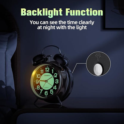 CHEREEKI Loud Alarm Clock for Heavy Sleepers Adults, Silent Non Ticking Analog Clock with Backlight, Luminous Dial, Battery Operated Alarm Clock for Bedroom, Included Battery, Silver