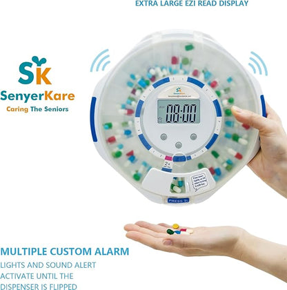 Bluetooth Automatic Pill Dispenser for Elderly, Key Lock Security, Sound & Light Alerts, 9 Dosage Templates, 28-Day Frosted Lid Medication Dispenser for Protecting Pills Privacy