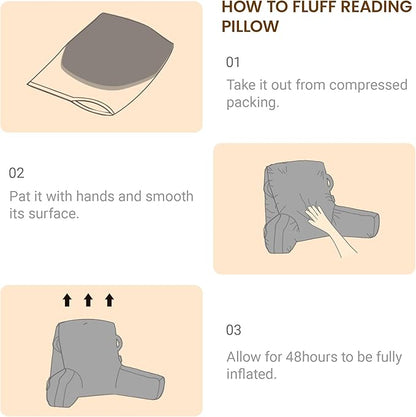 Portable Comfy Reading Pillows for Bed Sitting Up(Light Grey Oeko-Tex), Velvet Back Pillow with Arms & Pockets for Adults, Support Memory Foam Bed Pillow for Dorm/Reading/Watching/Gaming