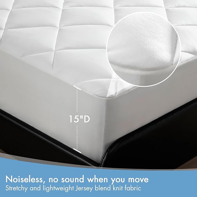 Sharper Image Full Mattress Pad, Overfilled, Jersey Knit Ultra-Soft & Cooling Touch Mattress Pad for Bed, Cozy T-Shirt Handfeel Mattress Topper Fitted Pocket Fits Up to 18", Full, White