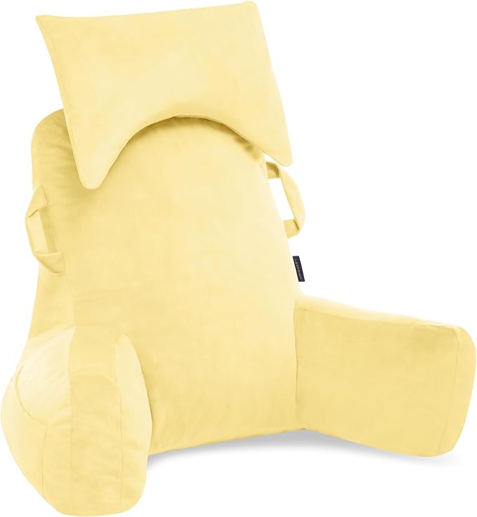 Portable Reading Pillows with Headrest for Bed Sitting Up(Yellow Oeko-Tex), Velvet Back Pillow with Arms & Pockets for Adults, Support Memory Foam Bed Pillow for Dorm/Reading/Watching/Gaming