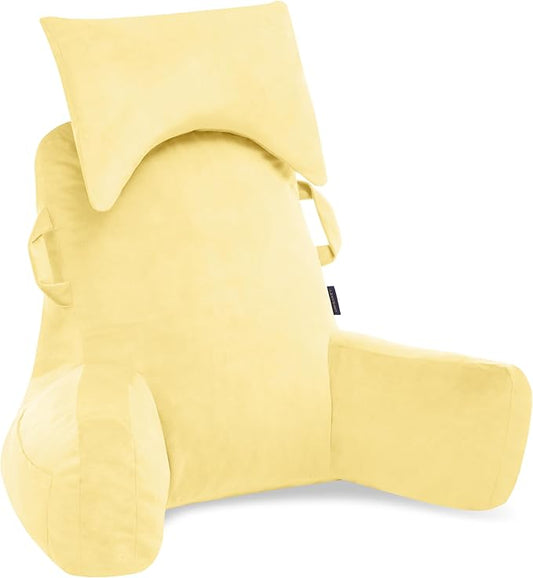 Portable Reading Pillows with Headrest for Bed Sitting Up(Yellow Oeko-Tex), Velvet Back Pillow with Arms & Pockets for Adults, Support Memory Foam Bed Pillow for Dorm/Reading/Watching/Gaming
