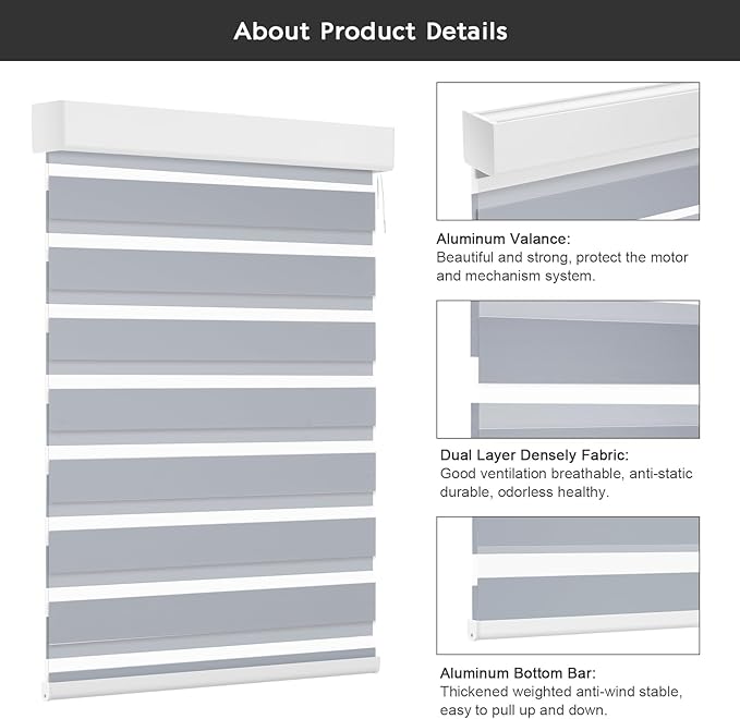 Changshade Smart Motorized Zebra Blinds Remote Control for Indoor Door Windows Blackout, Room Darkening Custom Size Shades Electric Power Automatic Work with Alexa,Google Home,Apple Homekit,Dark Grey