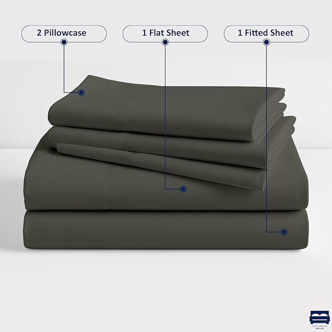 Cottingon 33"x75" Cot Sheet and Pillow Case 4 Piece Set, 100% Egyptain Cotton Soft Bedding Perfect for Rollaway, Folding, Guest Bed Frame, Fits Upto 7" Deep Mattress, Dark Grey Solid