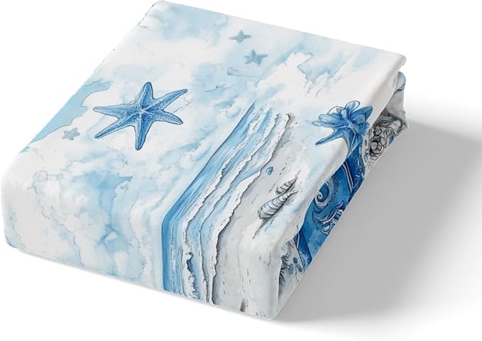 Cowboy Boots Bedding Set Twin Size Western Tribal Blue Flowers Bed Set for Teens Kids Sheet Seaside Beach Shell Conch Watercolor Tie Dye Paint Bed Cover(1 Fitted Sheet+1 Pillow Case)