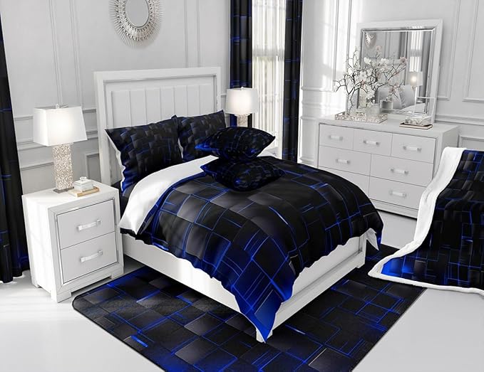 Manfei Geometric Sheet Set Queen Size, Abstract Square Grid Bed Sheet Set 4pcs with Deep Pocket Fitted Sheet + Flat Sheet + 2 Pillowcases, Royal Blue and Black Bedding Set for Kids Boy Teen Room Decor