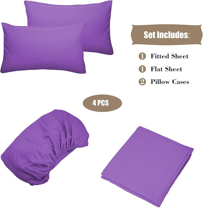 4 Piece Bed Sheet Set (Queen,Violet) 1 Flat Sheet,1 Fitted Sheet and 2 Pillow Cases,Brushed Microfiber Luxury Bedding with Deep Pockets