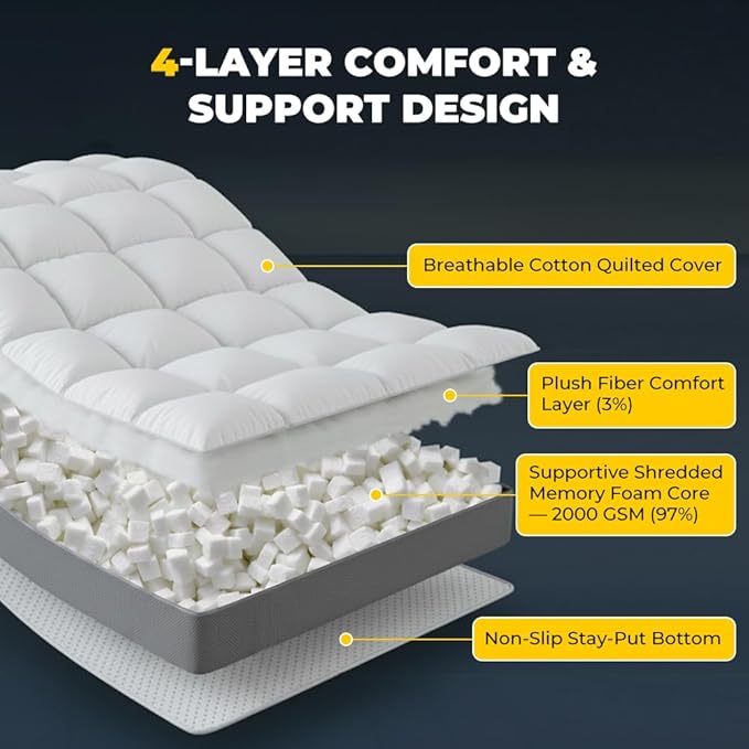 HYPREST 4 Inch Memory Foam Mattress Topper King，Thick Cooling Cotton Pillow Top Mattress Topper with 2000 GSM Shredded Memory Foam - Soft & Supportive for Back Pain Relief,Non-Slip Bottom