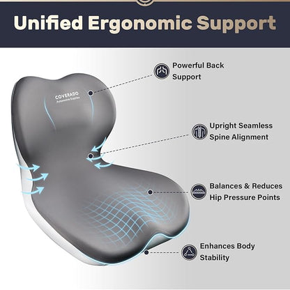 Coverado Upgraded Car Seat Cushion and Lumbar Support Pillow One Piece, Memory Foam Ergonomic Back Support Driving Seat Cushion for Back Pain, Non-Slip Washable Cushion for Car, Driver, Office