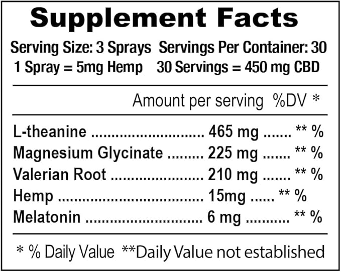 Hemp Sleep Spray with Melatonin L-Theanine Valerian Root Magnesium | Fast Acting Non-Habit Forming Non-GMO, Gluten Free, Natural Sleep Aid