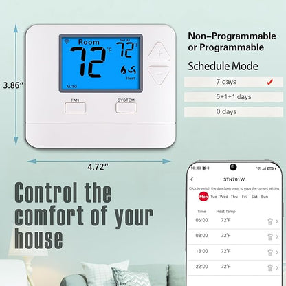 WiFi Thermostats for Home Single-Stage 1Heat/ 1Cool, APP Remote Control, 7-Day or 0-Day Programmable. (C-Wire Required)