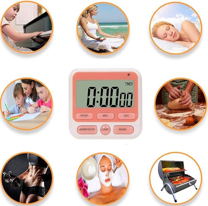 Digital Kitchen Timer with Mute/Loud Alarm, ON/Off Switch, 12 Hour Clock, Strong Magnet, Memory Function Count Up & Count Down for Kids Teachers Cooking, Large LCD Display, Easy Operation Timers(Pink)