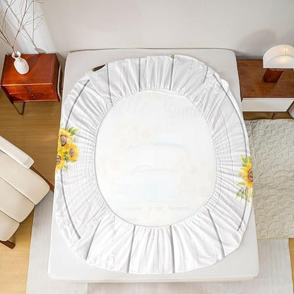Sunflower Boys Girls Bed Sheets,Truck Flower Wooden Natural Room Decor,Floral Rustic Farmhouse Kids Twin Size Fitted Sheet,White Yellow Bedding Set,1 Pillowcase(No Flat)