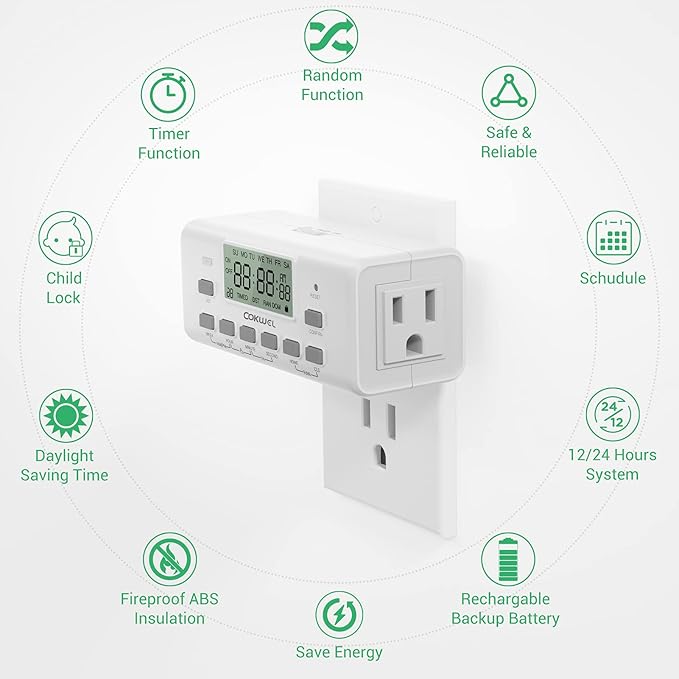 Digital Timer Switch - 2 Pack, 7 Day Programmable, 10 On/Off Settings, 24-Hour & 7-Day Programmable Electric Plug Timer