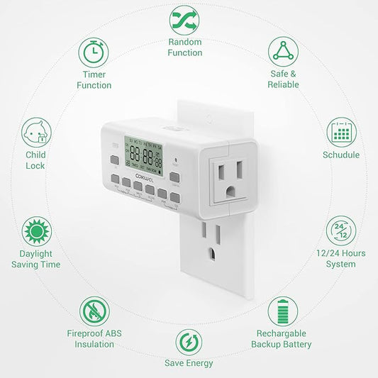 Digital Timer Switch - 2 Pack, 7 Day Programmable, 10 On/Off Settings, 24-Hour & 7-Day Programmable Electric Plug Timer