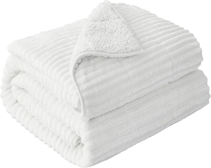 Sherpa Fleece Weighted Blanket with Ribbed Stripes for Adults, 15 lbs Dual Sided Cozy Warm Blanket for Couch Full Size Bed, Ceramic Beads Heavy Thick Blankets Great for Sleep, White, 60" x 80"