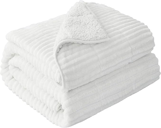 Sherpa Fleece Weighted Blanket with Ribbed Stripes for Adults, 15 lbs Dual Sided Cozy Warm Blanket for Couch Full Size Bed, Ceramic Beads Heavy Thick Blankets Great for Sleep, White, 60" x 80"