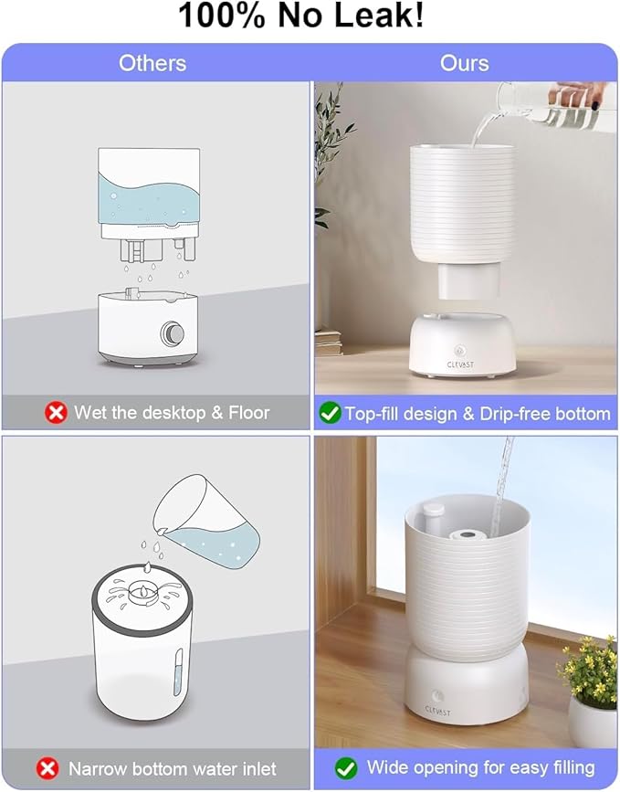 CLEVAST Smart Humidifier for Bedroom, 3L Top Fill Cool Mist Ultrasonic Air Humidifiers with Essential Oil Diffuser, Ultra Quiet for Baby Nursery, Plants, Home, Office (3 Liters Smart Version)