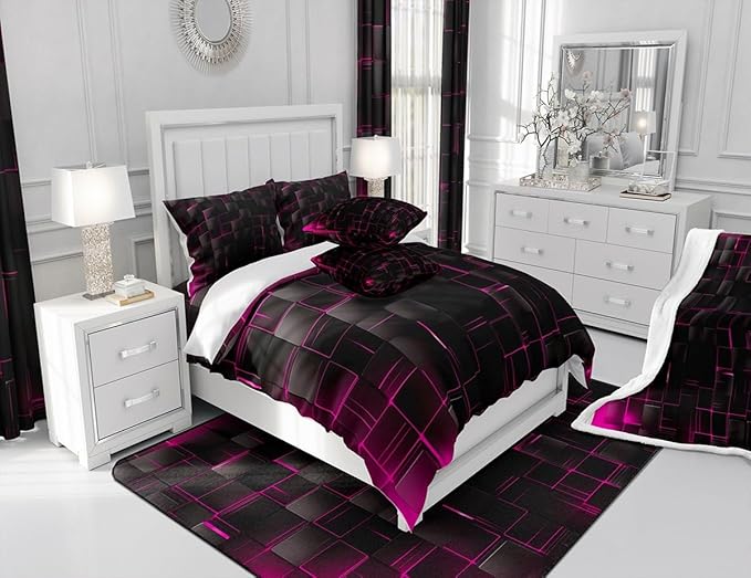 Manfei Abstract Sheet Set Full Size, Modern Geometric Square Grid Bed Sheet Set 4pcs with Deep Pocket Fitted Sheet + Flat Sheet + 2 Pillowcases, Rose and Black Bedding Set for Kids Boys Girls Adults