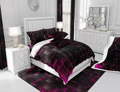 Manfei Abstract Sheet Set Full Size, Modern Geometric Square Grid Bed Sheet Set 4pcs with Deep Pocket Fitted Sheet + Flat Sheet + 2 Pillowcases, Rose and Black Bedding Set for Kids Boys Girls Adults