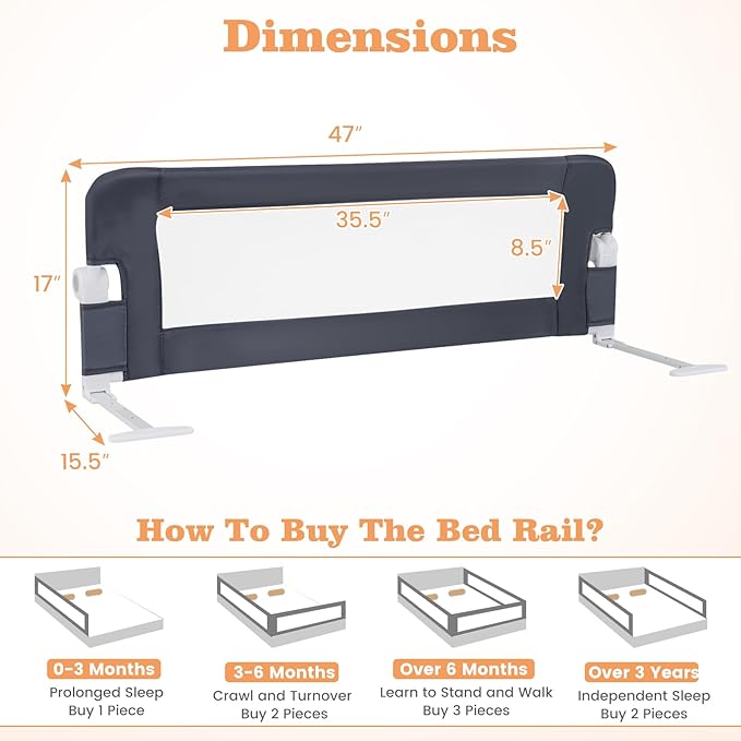HONEY JOY Bed Rail for Toddlers, Extra Long, Foldable Portable Swing Down Safety Bed Guard Rail, Toddler Bed Rails for Crib, King Queen Full Twin Size Bed Mattress (Gray, 1 Pack, 47 Inch)