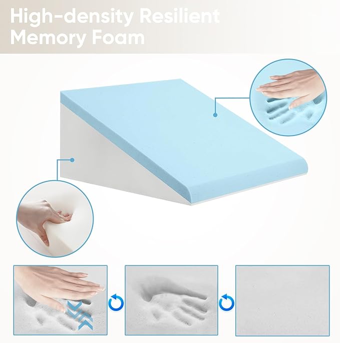 Wedge Pillow, 10 Inch Bed Wedge Pillow for Headboard, Pillow Wedge for Acid Reflux Relief, After Surgery, Sleeping，Back Pain Relief, Memory Foam Top, LightGrey